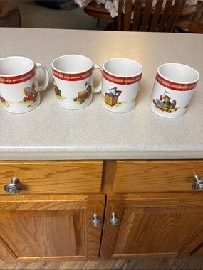 Sakura White Ceramic Mugs with Red Plaid Trim and Toy Illustrations - Set of 4